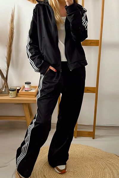 Trendy Women's Black Varsity Striped Jacket & Loose Fit Pants Set - Stylish 2-Piece Tracksuit for Casual Wear