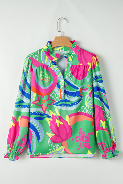 Chic Women's Green Abstract Print Blouse with Ruffled Sleeves and V-Neck - Stylish Everyday Top for Effortless Elegance