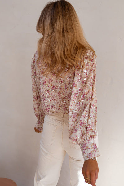 Stylish Women's Pink Floral Bishop Sleeve V-Neck Shirt - Chic Spring & Summer Top for Effortless Fashion
