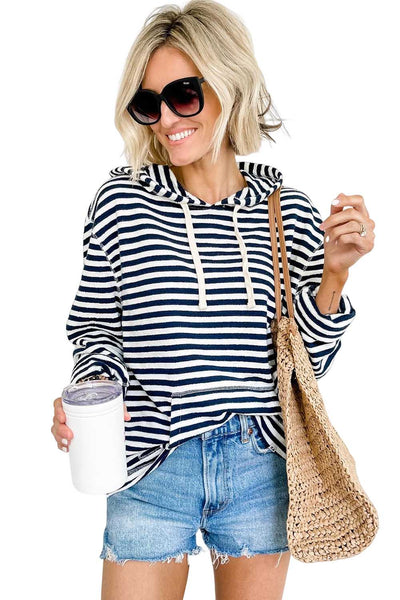Classic Striped Kangaroo Pocket Hoodie with Drawstring