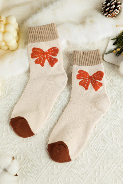 Women's Khaki Bow Print Knit Crew Socks in Socks