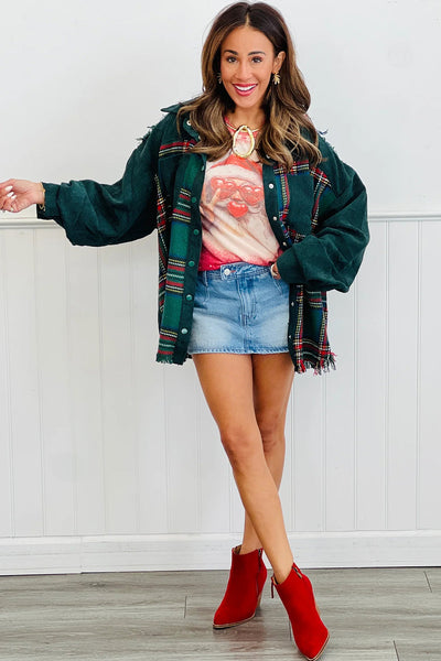 Women's Green Plaid Tweed Corduroy Shacket with Raw Hem - Trendy Overshirt for Casual Fall Looks and Layering made for easy styling and wardrobe