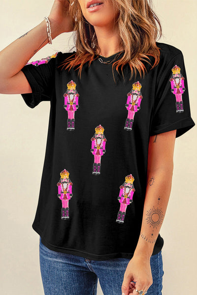 Women's Sequin Pink Nutcracker Relaxed Holiday Graphic Tee