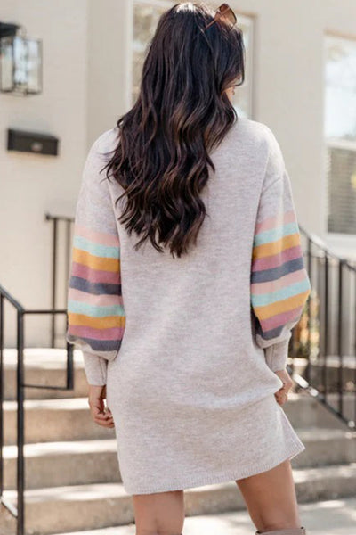 Women's Light Grey Striped Puff Sleeve High Neck Mini Sweater Dress - Cozy Casual Chic for Effortless Style
