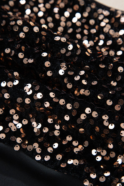 Women's Black Sequin Puff Sleeve Bodysuit with Deep V Back - Chic Party Top for Effortless Glam and Sophisticated Style