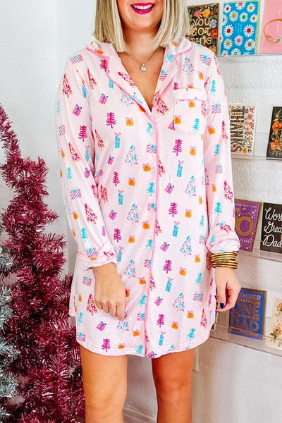 Cozy Women's Pink Christmas Sleep Dress with Twinkle Tree Print - Relaxed Fit Holiday Nightwear for Festive Comfort