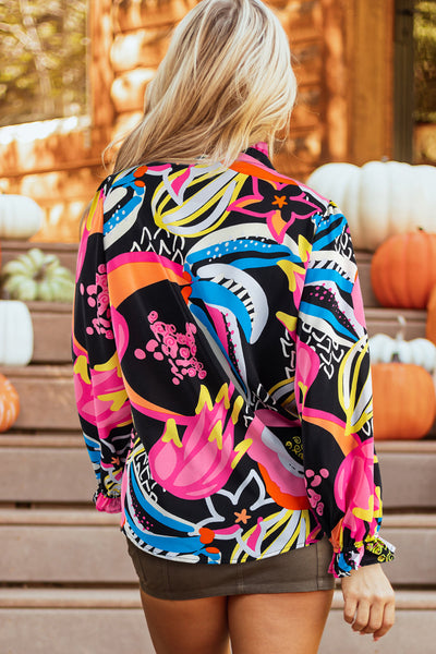 Chic Women's Black Abstract Print Blouse with Ruffled Sleeves and Buttoned V-Neck for Effortless Style