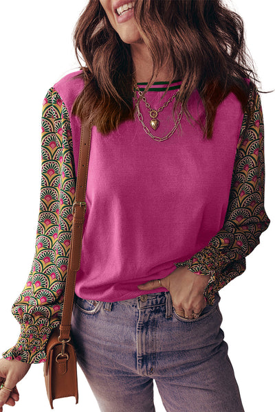 Chic Women's Rose Red Floral Puff Sleeve Sweater with Shirred Cuffs for Cozy Style and Trendy Comfort made for easy styling and wardrobe coordination,