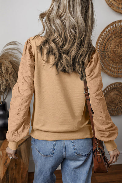 Stylish Women's Pale Khaki Round Neck Sweatshirt with Patchwork Sleeves - Comfortable Casual Top for Everyday Style