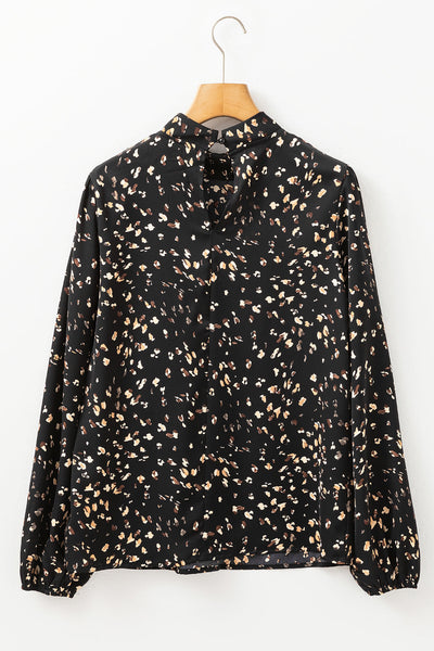 Elegant Black Leopard Print Pleated Blouse for Women with Lantern Sleeves and Stylish Mock Neck Design