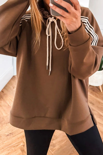 cozy women's chestnut striped drawstring hoodie - relaxed fit for casual preppy style and everyday comfort made for easy styling and wardrobe with
