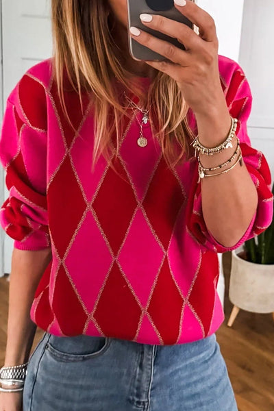 Stylish Women's Rose Red Glitter Knit Sweater with Rhombus Design for Casual Everyday Fashion made for easy styling and wardrobe coordination, with