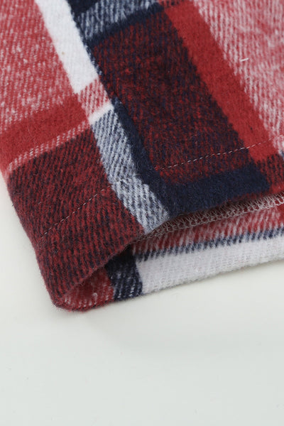 Women's Crimson Red Plaid Shacket: 100% Polyester Oversized Layer