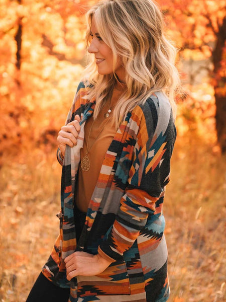 Orange Tribal Aztec Print Western Cardigan