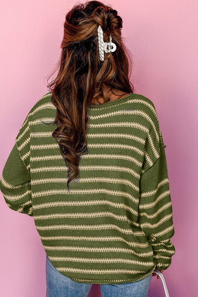 Cozy Women's Green Stripe Drop Shoulder Sweater - Effortless Casual Style for Everyday Comfort and Versatile Wear