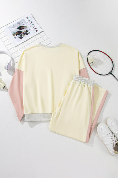 Women's Apricot Color Block 2-Piece Loose Fit Pullover & Pants Set for Casual Comfort & Chic Everyday Style