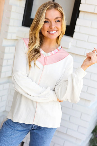 Women's Relaxed V-Neck Patchwork Top with Rainbow Stripe Detail