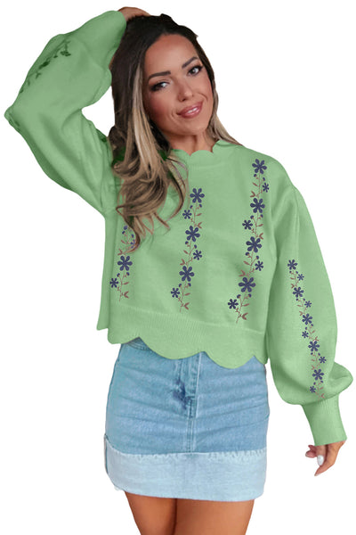 Women's Light Green Floral Embroidered Cropped Sweater - Chic Spring Knitwear with Scallop Hem for Casual Outings