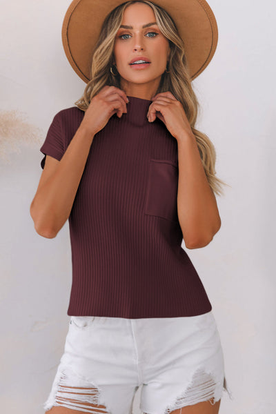 Women's Mineral Red Ribbed Knit Short Sleeve Sweater with Patch Pockets - Stylish and Comfortable Casual Top