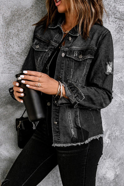Women's Black Distressed Denim Jacket with Raw Hem and Lapel