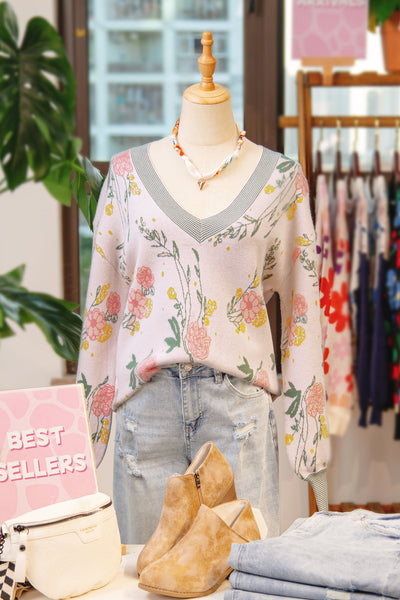 Women's Floral V-Neck Viscose Blend Knit Sweater in Soft Pink