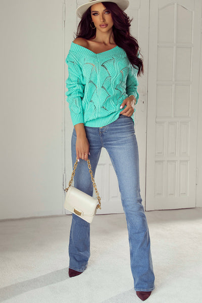 Mint Green Women's V-Neck Hollow Out Knit Sweater with Drop Shoulders - Stylish and Comfortable Knitwear for Spring
