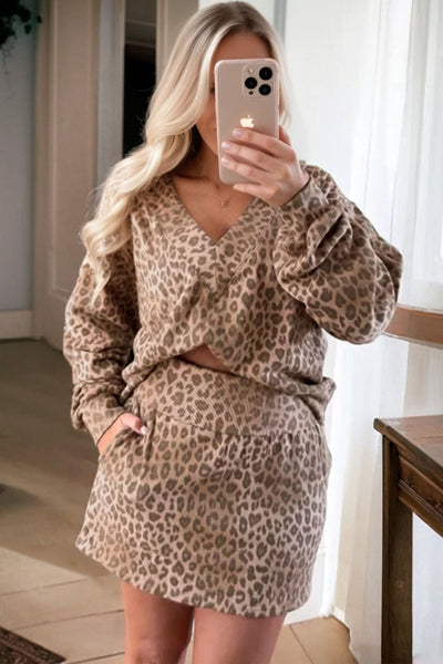 Women's Light French Beige Leopard V-Neck Pullover and Mini Skirt Set with practical styling and dependable silhouette control.