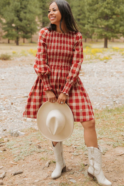 Trendy Women's Red Plaid Long Sleeve Mini Dress with Smocked Waist and Flared Skirt for Effortless Casual Style