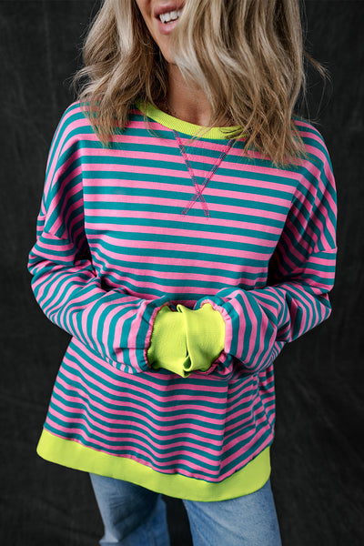 Women's Cozy Green Stripe Oversized Sweatshirt with Contrast Trim - Effortless Casual Pullover for Chic Comfort
