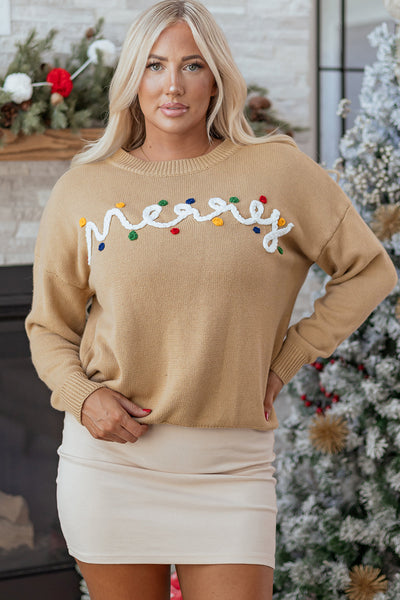 Women's Camel 'Merry' Embroidered Knit Christmas Sweater