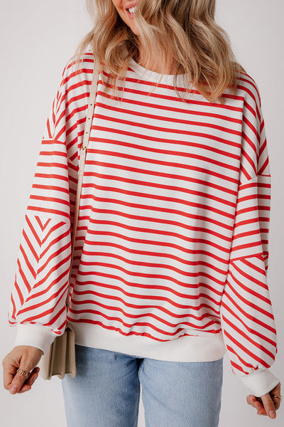 Cozy Women's Orange Striped Drop Shoulder Sweatshirt - Relaxed Fit Crew Neck for Effortless Casual Style