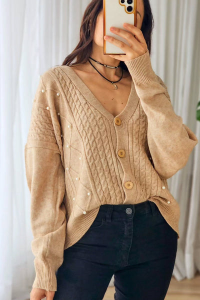 Chic Women's Light Beige Cable Knit Cardigan with Pearl Details & V-Neck - Effortless Rhombus Design for Cozy Style