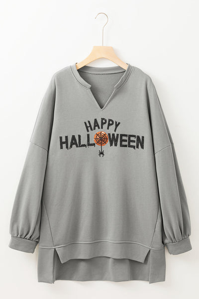 Women's Relaxed Fit Medium Grey Sequin Halloween Graphic Long Sleeve Top with Notched Neck - Festive and Stylish
