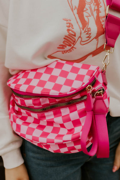 Women's Checkered Pink Crescent Crossbody Bag with Wide Adjustable Strap