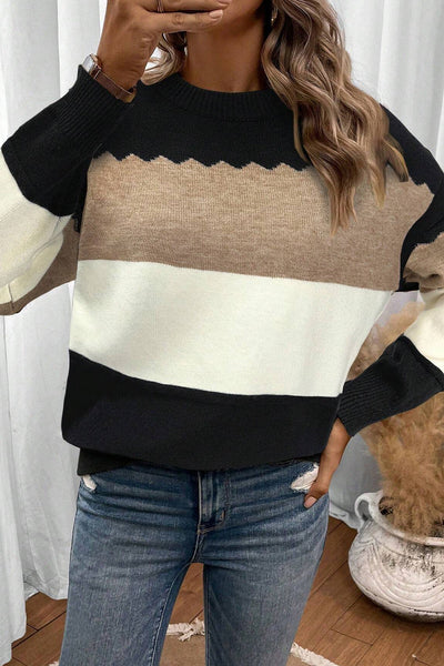 Stylish Women's Black Colorblock Crew Neck Sweater with Drop Shoulders for Ultimate Comfort and Effortless Chic