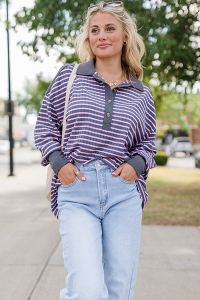 Women's Gray Stripe Ribbed Long Sleeve Polo Top with Contrast Collar - Stylish and Comfortable Casual Wear