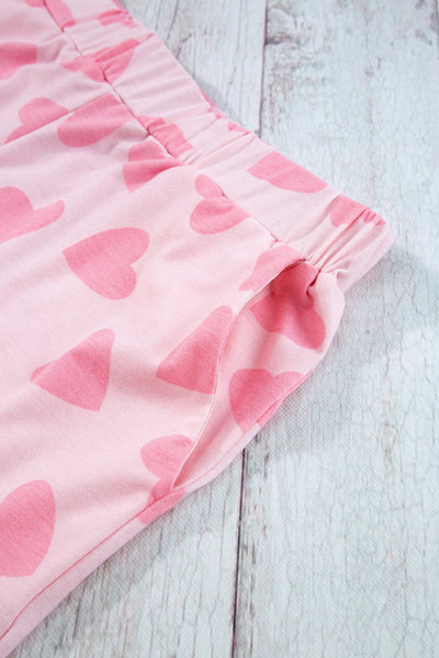 Cozy Women's Pink Heart Print Long Sleeve Lounge Set - Perfect Valentine's Day Shorts Outfit for Relaxed Style