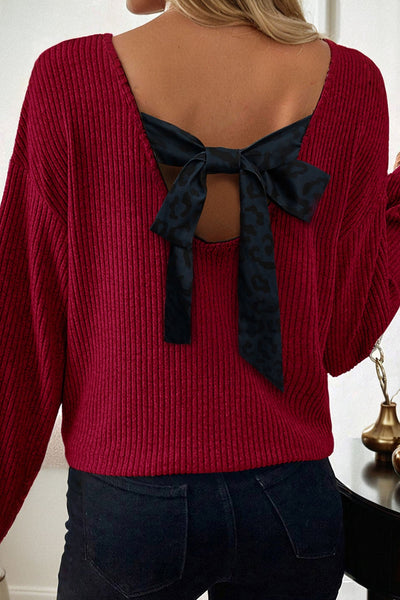 Women's Racing Red Ribbed Bow-Back Top with Leopard Accent