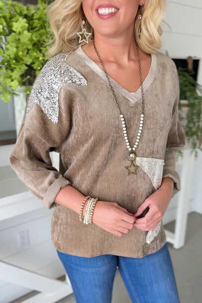 Chic Women's Parchment V-Neck Long Sleeve Top with Sequin Star Patches - Trendy, Stylish, and Perfect for Any Occasion