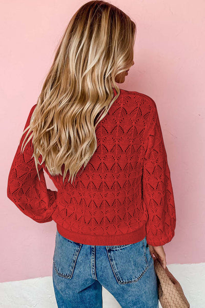 Women's Crimson Pointelle Knit Crochet V-Neck Cardigan