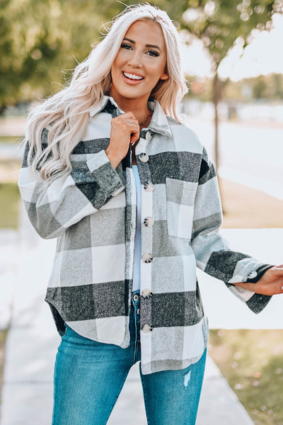 Stylish Women's Gray Plaid Color Block Long Sleeve Jacket with Pockets - Versatile Outerwear for Every Occasion