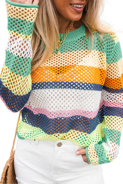 Chic Women's Green Colorblock Knit Sweater with Crochet Eyelet Detail - Cozy, Stylish, Perfect for Any Occasion