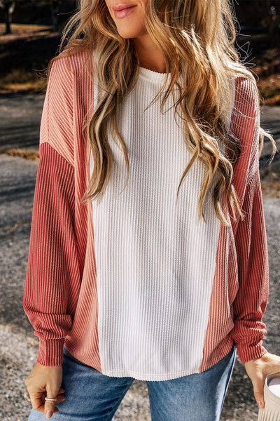 Women's Pale Chestnut Ribbed Color Block Long Sleeve Top made for easy styling and wardrobe coordination, with premium-like structure and finish.