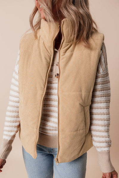 Beige Corduroy Puffer Vest with Stand Collar with practical styling and dependable silhouette control.