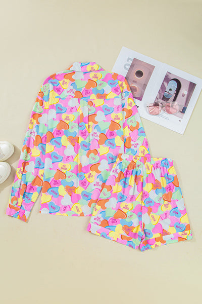 Women's Cozy Pink Valentine's Day Candy Heart V-Neck Tunic & Shorts Pajama Set for Relaxing Nights at Home
