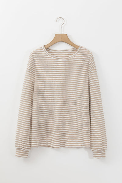 Women's Casual Khaki Stripe Long Sleeve Drop Shoulder Tunic - Effortless Round Neck Top for Everyday Style