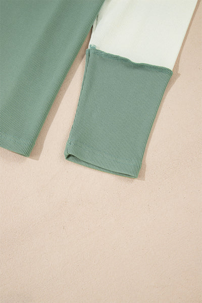 Women's Mint Green Ribbed Colorblock Long Sleeve Top - Trendy Casual Style with Relaxed Fit and Cozy Comfort