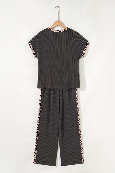 Women's Ribbed Two-Piece Pant Set with Leopard Trim
