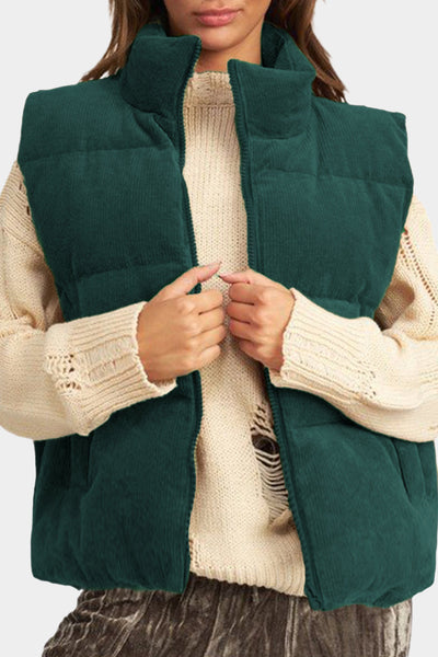 Chic Women's Jungle Green Corduroy Puffer Vest with Stand Collar and Zipper  Cozy Layer for Trendy Fall Looks