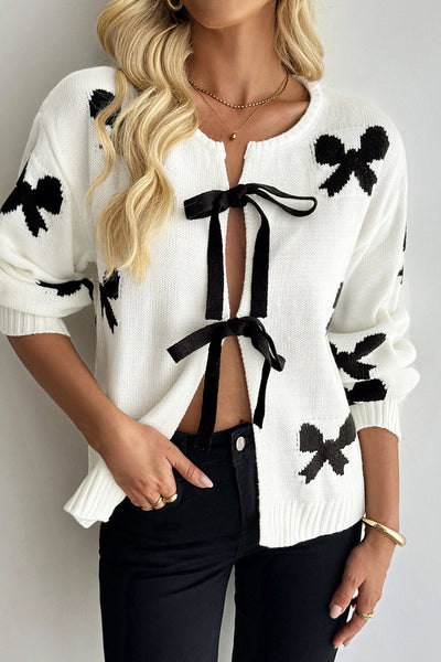 Women's Intarsia Bow Tie-Front Cardigan in Ivory and Black made for easy styling and wardrobe coordination, with premium-like structure and finish.